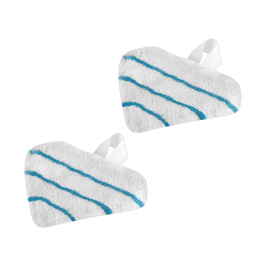 Two triangular-shaped white microfiber mop pads with blue stripes and attached white straps, displayed on a plain white background.