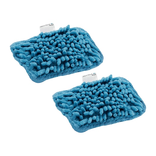 Two blue microfiber mop pads with chenille texture, designed for use with BLACK+DECKER cleaning products. Each pad features thick, soft fibers for efficient cleaning.