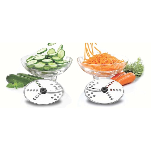 BLACKDECKER FX400 food processor discs with sliced cucumbers and grated carrots in glass bowls, front angle.