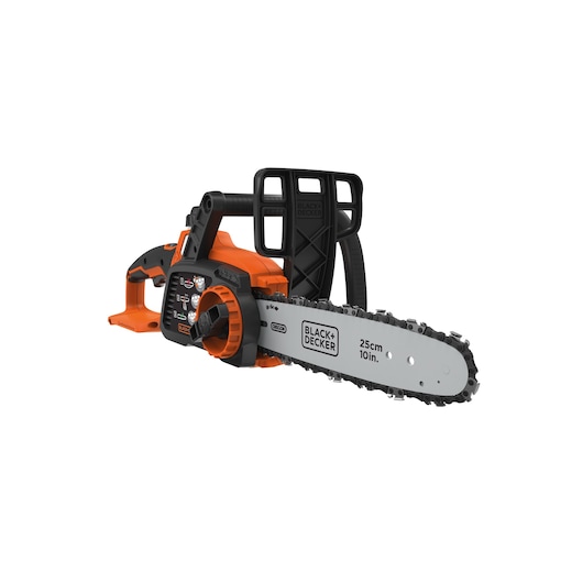 A BLACK+DECKER cordless chainsaw with an orange and black design, featuring a 25 cm (10 inch) blade. The chainsaw is shown on a white background.