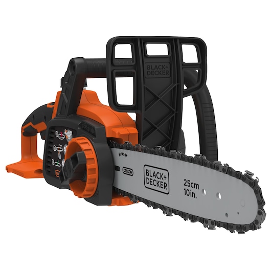 A BLACK+DECKER cordless chainsaw with an orange and black body, featuring a 25 cm (10 inch) blade and ergonomic handle.