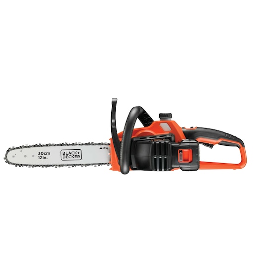 A BLACK+DECKER cordless chainsaw with a 30 cm (12 in.) blade, featuring a bright orange and black design with handle and safety guard.