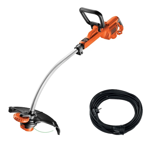 A BLACK+DECKER electric grass trimmer with an orange and black handle, curved silver shaft, and a spool of black power cable.