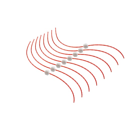 Eight curved red nylon replacement lines with white connectors for a grass trimmer, displayed on a white background.