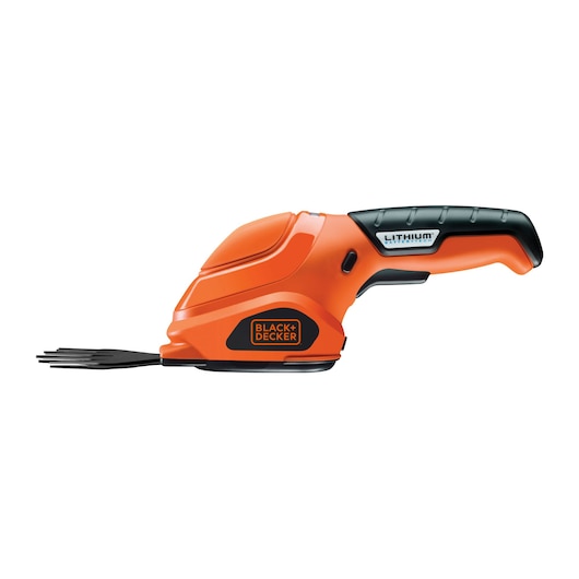 A BLACK+DECKER orange and black handheld cordless grass shear with a lithium battery, shown from the side.