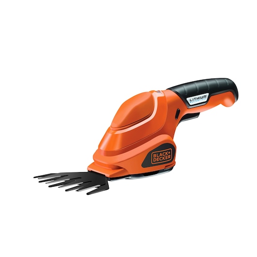 BLACK+DECKER lithium battery-powered handheld grass shear with an orange and black design.