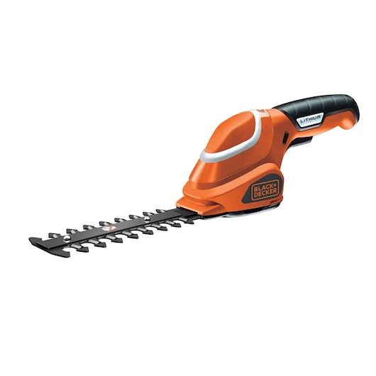 A BLACK+DECKER handheld cordless shrub and grass shear with an orange and black body, featuring a lithium battery.