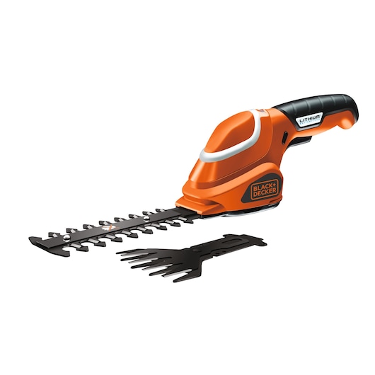 An orange and black BLACK+DECKER cordless handheld hedge and grass trimmer with lithium battery. The trimmer has two detachable blade attachments displayed in front of it.