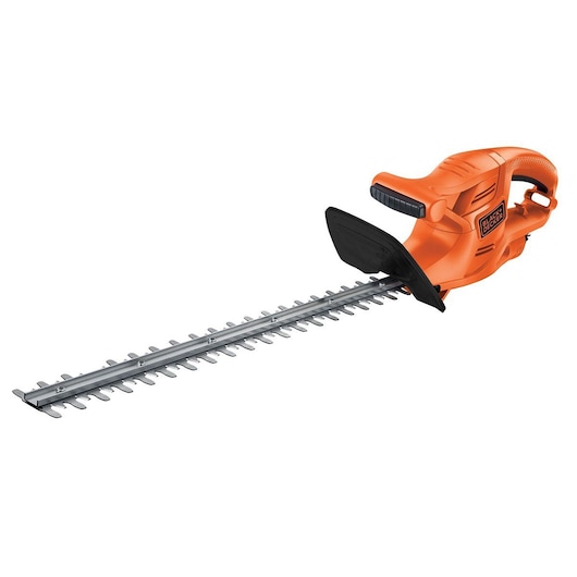 An electric hedge trimmer with an orange and black body, featuring a long dual-action blade and a protective hand guard. The product is from BLACK+DECKER.