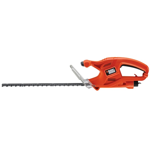 An orange and black BLACK+DECKER electric hedge trimmer with a long blade and transparent safety guard.