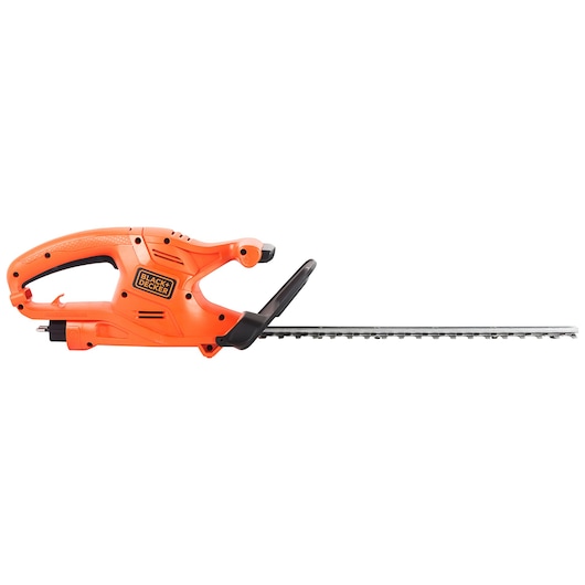 An orange BLACK+DECKER electric hedge trimmer with a long blade and ergonomic handle, model GT4245, shown on a white background.