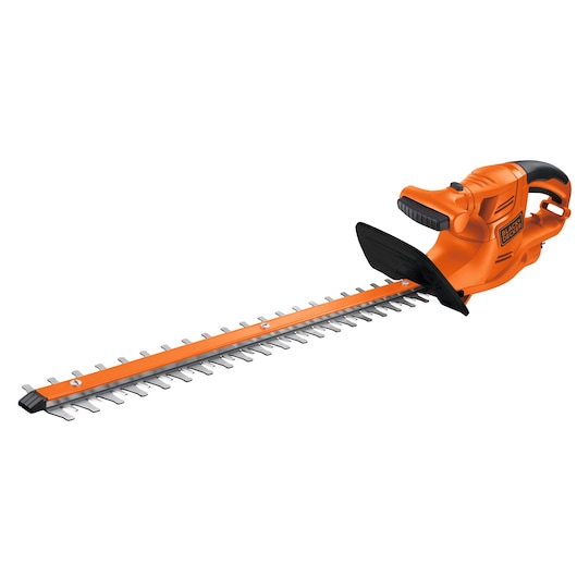 An electric orange and black hedge trimmer with a long blade, ergonomic handle, and protective guard.