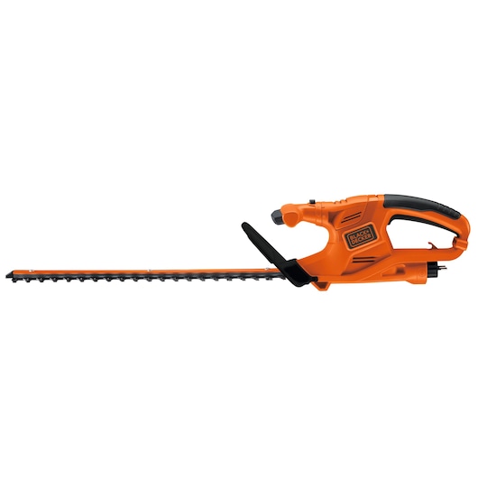 An orange and black electric hedge trimmer from BLACK+DECKER, featuring a long blade and ergonomic handle design, shown on a white background.