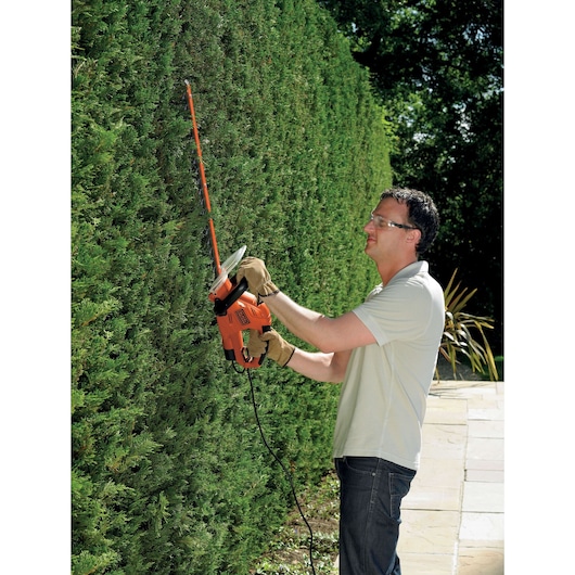 BLACKDECKER GT5055 hedge trimmer used outdoors on tall green hedge, orange and black design, corded model.