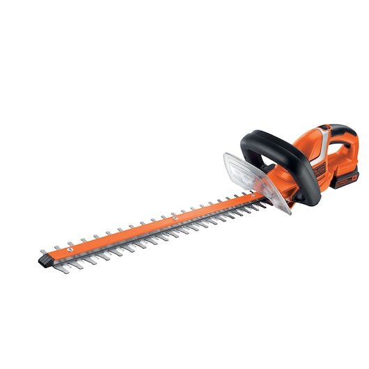 A BLACK+DECKER cordless hedge trimmer with an orange and black design, featuring a long blade and protective shield.