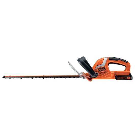 BLACK+DECKER GTC1850L20 cordless hedge trimmer with orange and black design, featuring an 18V lithium battery and ergonomic handle.