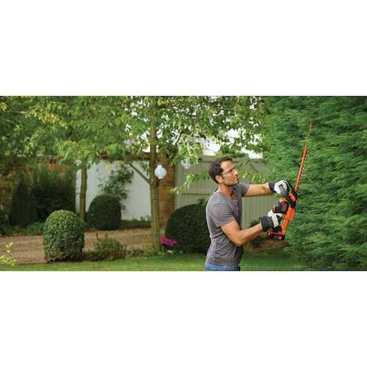 A person using a BLACK+DECKER cordless hedge trimmer to trim tall green hedges in a garden, wearing gloves and a grey shirt with blurred face for privacy.