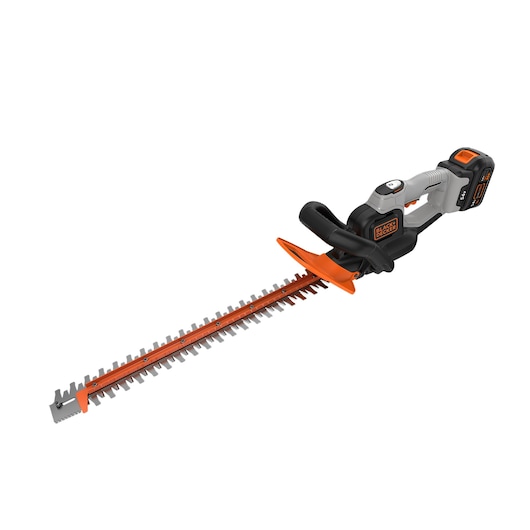 Cordless hedge trimmer from BLACK+DECKER featuring a long blade, ergonomic handle, and orange and black design.