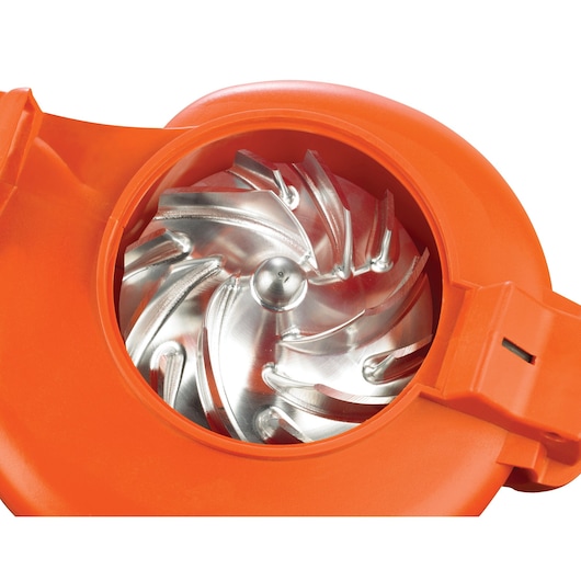 Photo of BLACKDECKER GW3030 metal blade housed in orange casing, top view, garden power tool part.