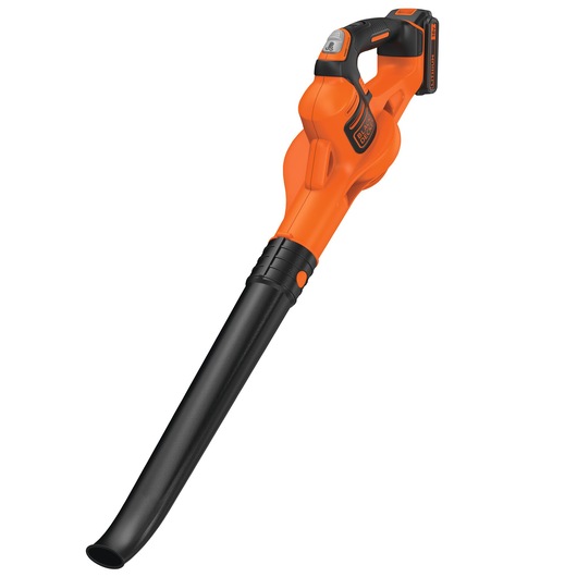 A BLACK+DECKER cordless leaf blower with an orange and black design, featuring a long black nozzle and ergonomic handle.