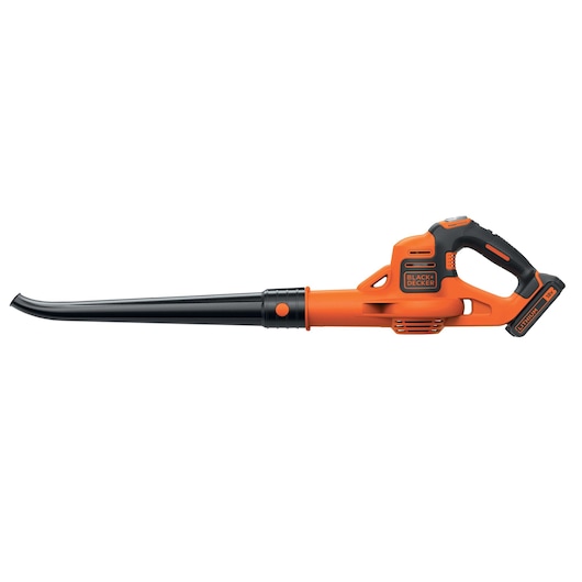 A BLACK+DECKER cordless leaf blower, model GWC1820PC, with an orange and black design, shown on a white background.