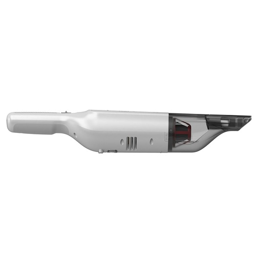 BLACK+DECKER HLVC315B11 handheld vacuum cleaner, side view, white body with transparent dustbin.