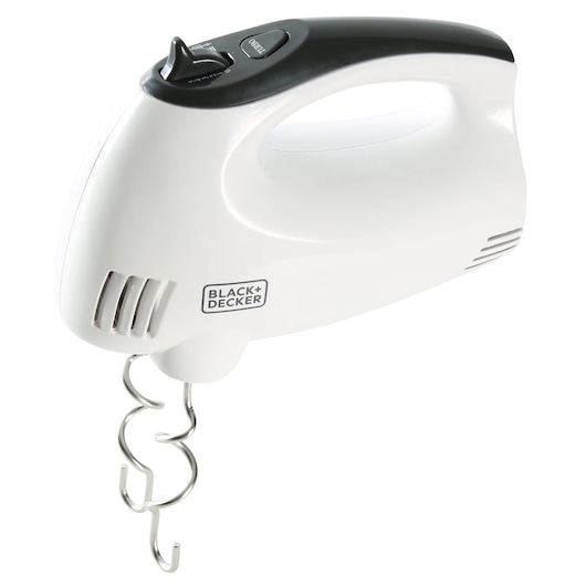 A BLACK+DECKER branded electric hand mixer with dough hooks attached. The appliance is white with black controls and designed for kitchen use.