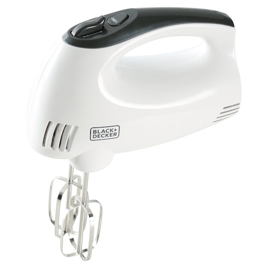 A BLACK+DECKER HM300 hand mixer in white with a black control panel, featuring two metal beaters attached at the bottom.