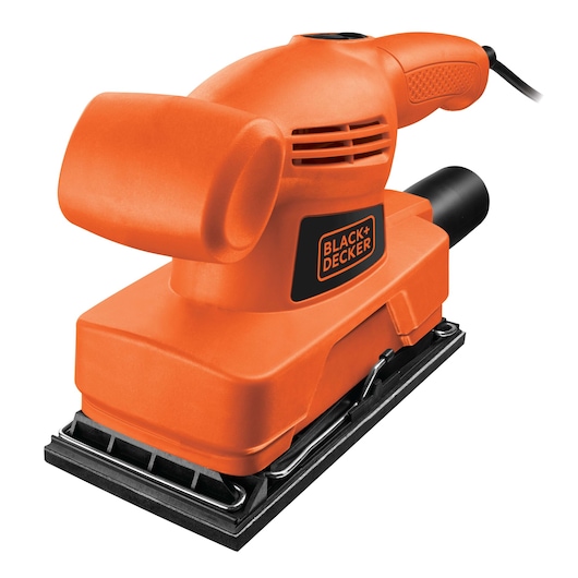 An orange BLACK+DECKER electric sander with a rectangular sanding base and a black power cord, designed for woodworking and surface finishing tasks.