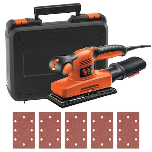 BLACK+DECKER KA320EKA sheet sander with black case and five rectangular sanding sheets, front angle on white background.