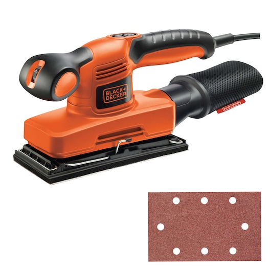 BLACK+DECKER KA320E orange rectangular electric sander with black dust bag, shown with sanding sheet, front angle.