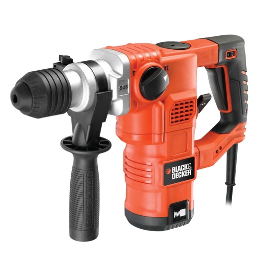 A BLACK+DECKER KD1250K corded rotary hammer drill with an orange and black body, side handle, and SDS chuck, shown against a white background.