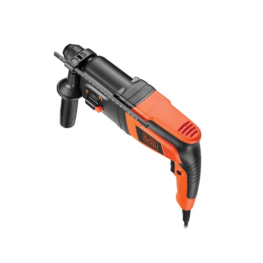 A BLACK+DECKER corded hammer drill with an orange and black design, featuring a side handle for better grip and control.