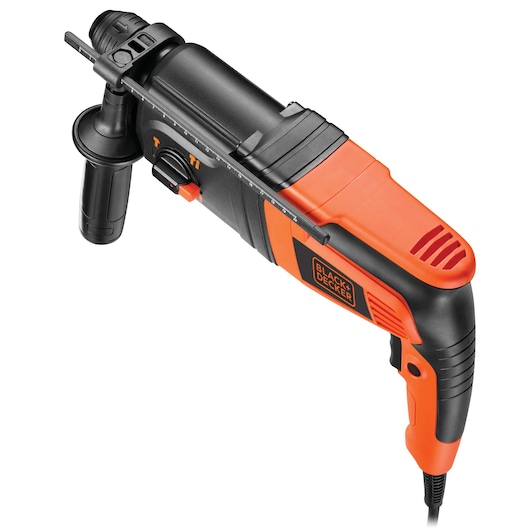 A BLACK+DECKER KD885KC corded hammer drill in black and orange, featuring a side handle and depth gauge, viewed against a white background.