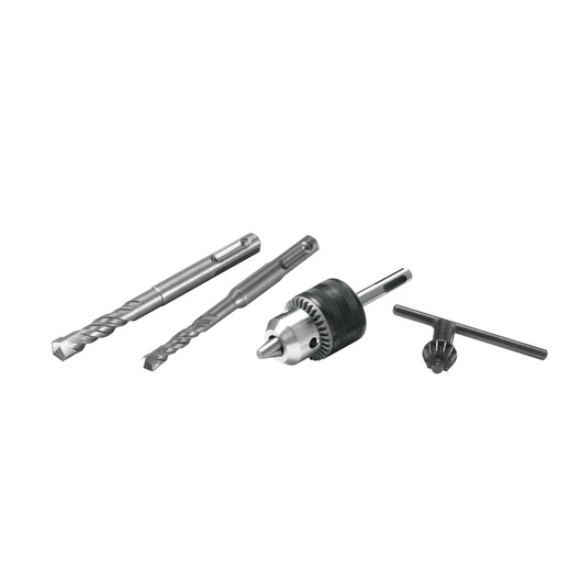 BLACKDECKER KD885KC drill accessory set with two silver drill bits, chuck, and chuck key, front angle on white.