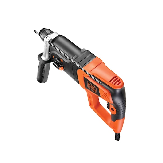A BLACK+DECKER KD985KA orange and black electric hammer drill with a side handle and depth gauge, shown on a white background.