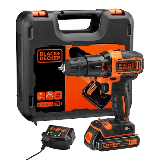 A BLACK+DECKER cordless 18V lithium hammer drill with black and orange accents, shown with a hard carrying case, battery, and charger.