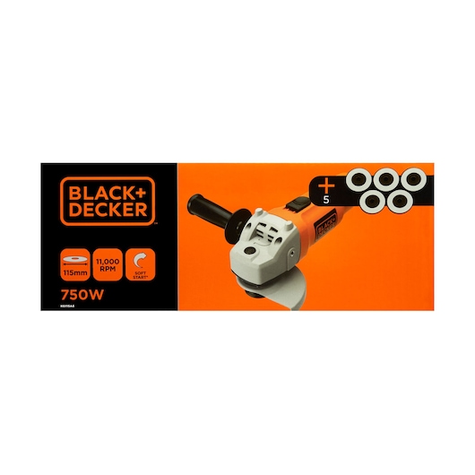 Product packaging of a BLACK+DECKER 750W angle grinder, model KG115A5, showing the tool with a side handle and five extra grinding discs. Features listed include 115mm disc size, 11,000 RPM speed, and soft start function. The design uses orange and black colors.