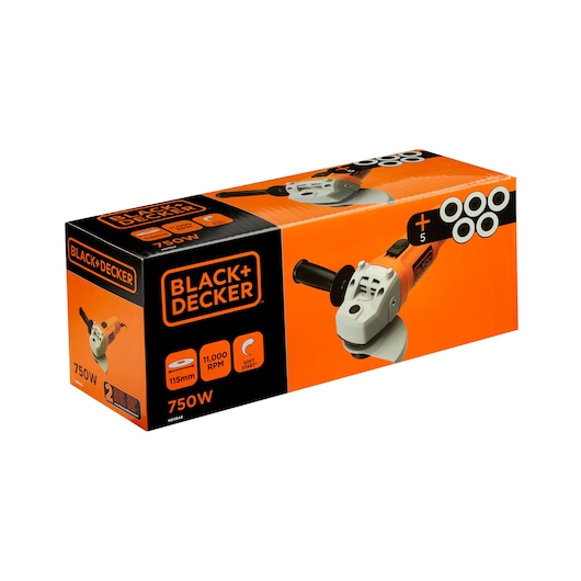 Box packaging of a BLACK+DECKER angle grinder, model KG115A5, showing the product image and key features including 750W power, 115mm disc size, 11,000 RPM, and soft start. The box is orange and black with the BLACK+DECKER logo prominently displayed.