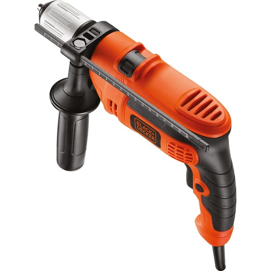 A BLACK+DECKER orange and black corded electric drill with a side handle and depth gauge rod, photographed on a white background.