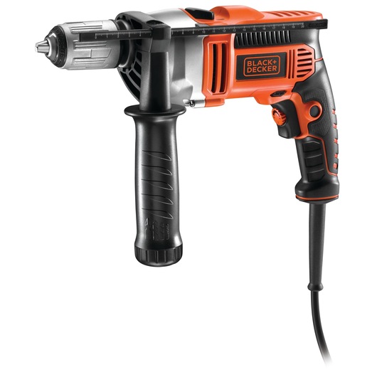 A BLACK+DECKER corded power drill with an auxiliary handle and depth gauge, featuring a black and orange design.