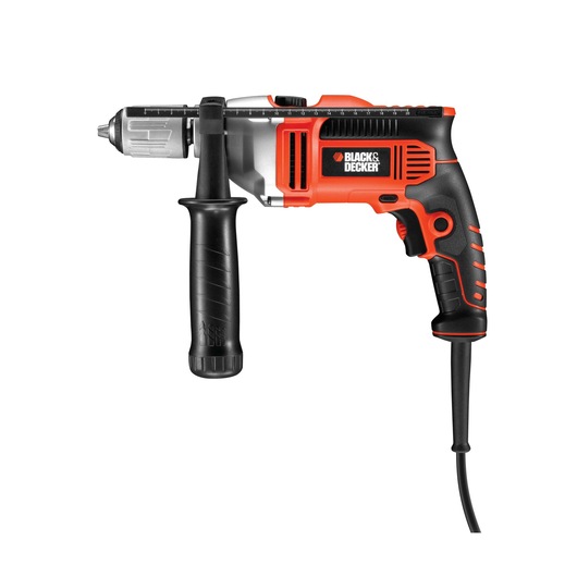 A BLACK+DECKER KR705K corded electric drill with a side handle and depth gauge, shown in black, orange, and silver colors.