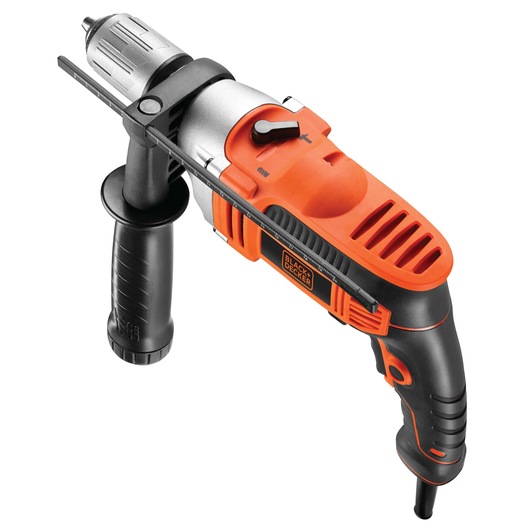 A BLACK+DECKER KR705K corded electric drill with a side handle and depth gauge, featuring an orange and black design.