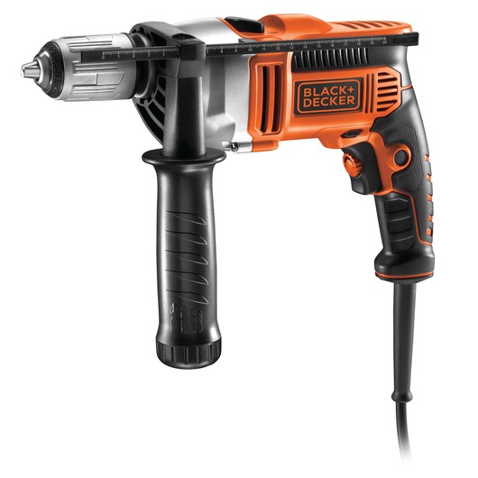 A corded BLACK+DECKER electric drill, featuring a side handle and adjustable depth gauge. The body is mainly orange and black with ergonomic grips, a trigger, and a logo panel.