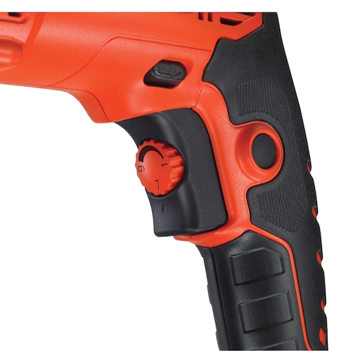 Close-up view of the handle and control panel of a BLACK+DECKER electric drill, showing an orange and black design with a rotary speed adjustment knob and textured grip.