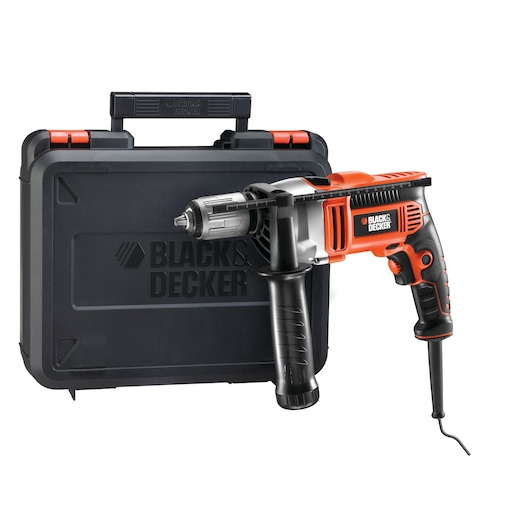 A BLACK+DECKER electric drill with an orange and black design is displayed in front of a BLACK+DECKER branded carrying case.