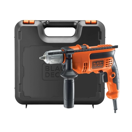 Photo of BLACKDECKER KR714CRESK orange and black drill with side handle, positioned in front of a black carrying case, front angle.