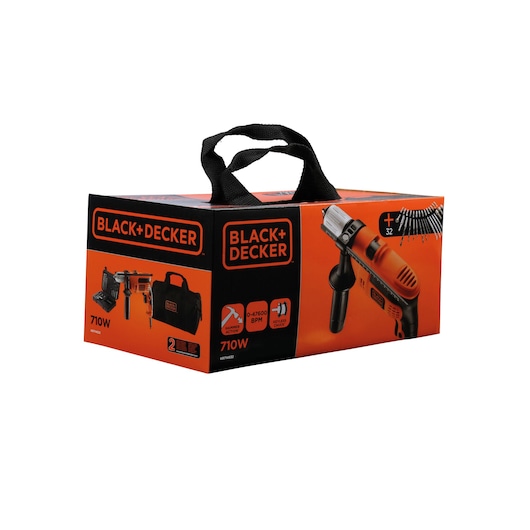 BLACK+DECKER KR714S32 orange and black corded drill kit with 32 accessories and carrying bag, box angled on white background.