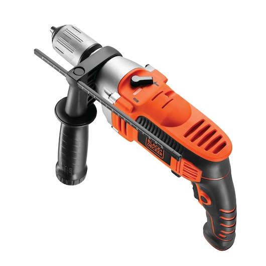 A BLACK+DECKER KR805K electric hammer drill with an orange and black body, side handle, and depth gauge, shown on a white background.