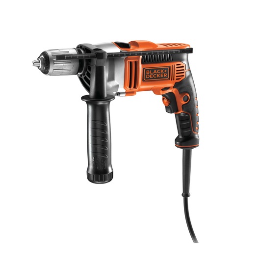 A Black+Decker corded electric drill with an auxiliary handle, shown in orange and black color, photographed on a white background.